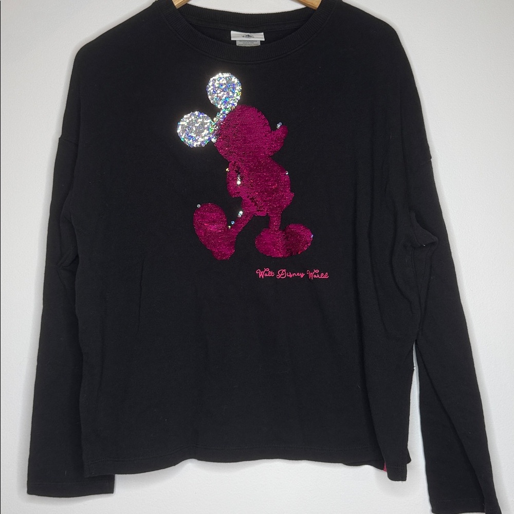 Disney World Mickey Mouse Reversible Sequin Sweatshirt small pink black - Picture 2 of 7